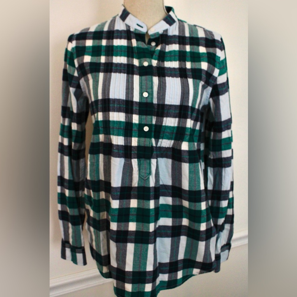 Lands' End Blue Green 100% Cotton Plaid Button Down Pleated Blouse Top Size 6